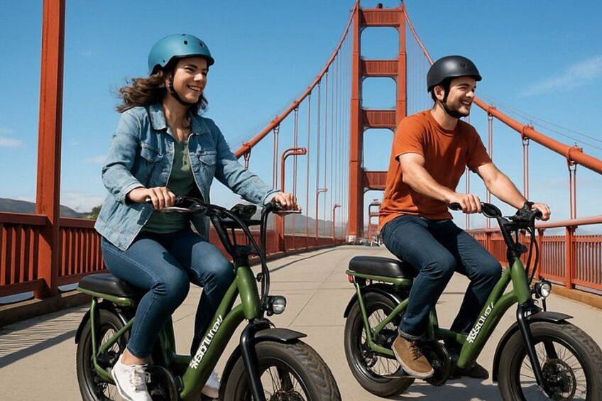 Two people riding electric bikes on a bridge with a clear sky. 1