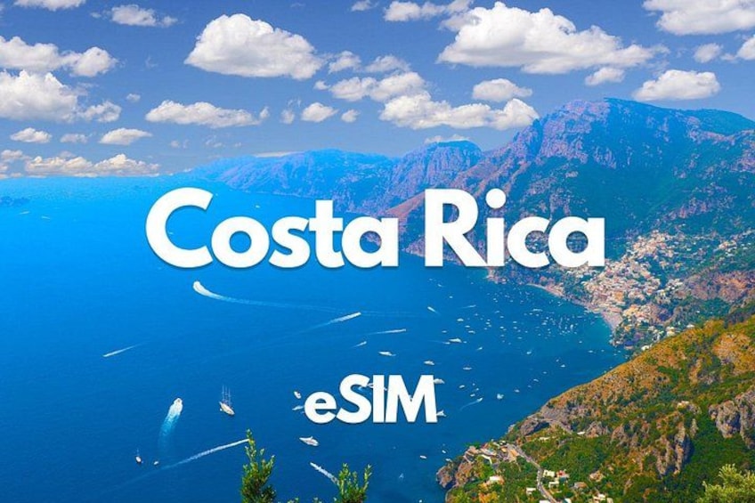 A coastal landscape with mountains, a clear sky, and the text 'Costa Rica eSIM.' 1