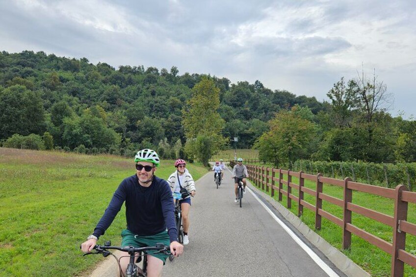 A paved path with cyclists, surrounded by greenery and a wooden fence. 3