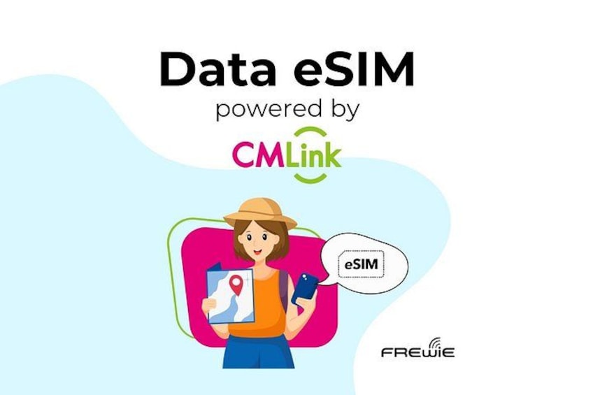A person holding a smartphone with a map, a clipboard, and a speech bubble with 'eSIM'. 1