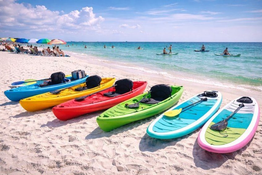 A beach with kayaks lined up on the sand and people in the water. 1