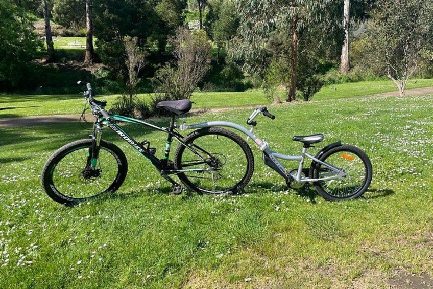 A mountain bike parked on a grassy field with trees in the background. 2