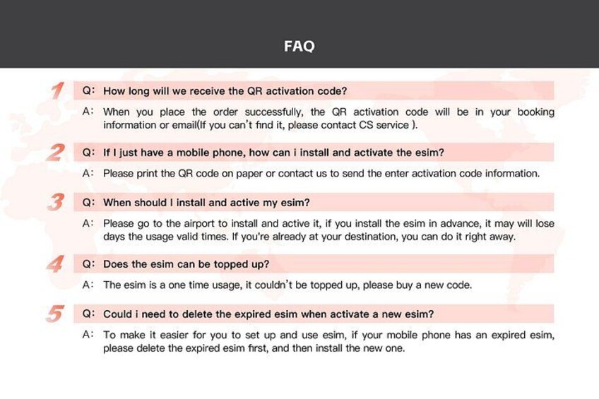 A FAQ section with questions and answers about QR activation codes, mobile phone installation, timing, and usage of esims. 2