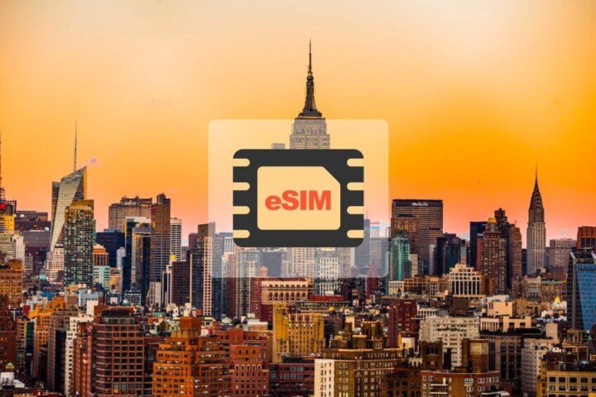 A cityscape with a prominent eSIM chip overlay. 1