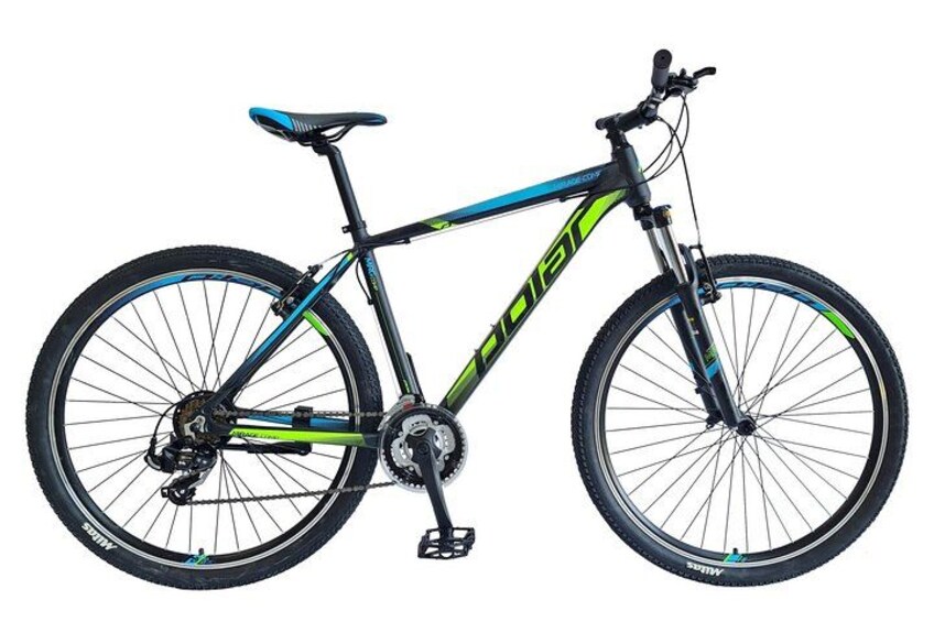 A mountain bike with a black and green frame, front suspension fork, and disc brakes. 1
