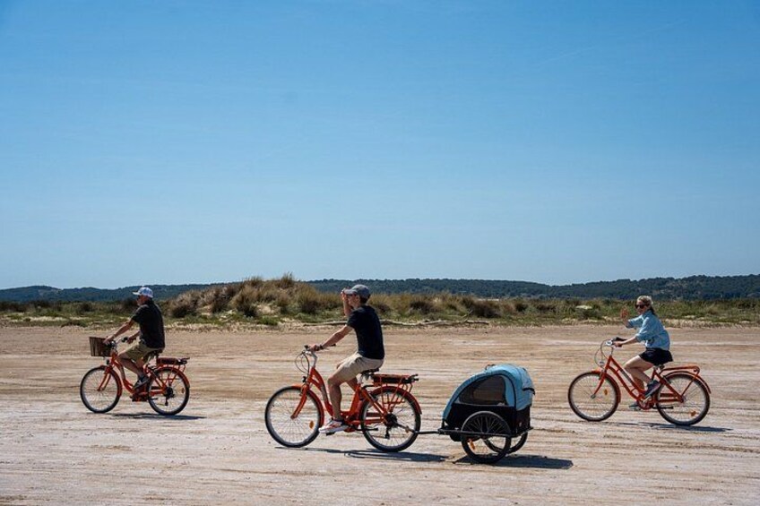 Three people riding bicycles on a sandy beach with a clear sky. 4