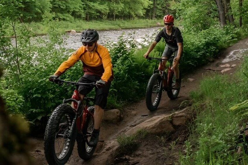 Two mountain bikers on a dirt trail surrounded by greenery. 3