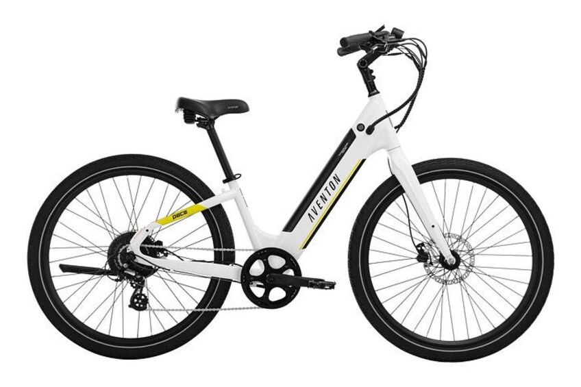A white and black bicycle with the brand name 'AVENTON' on the frame. 2