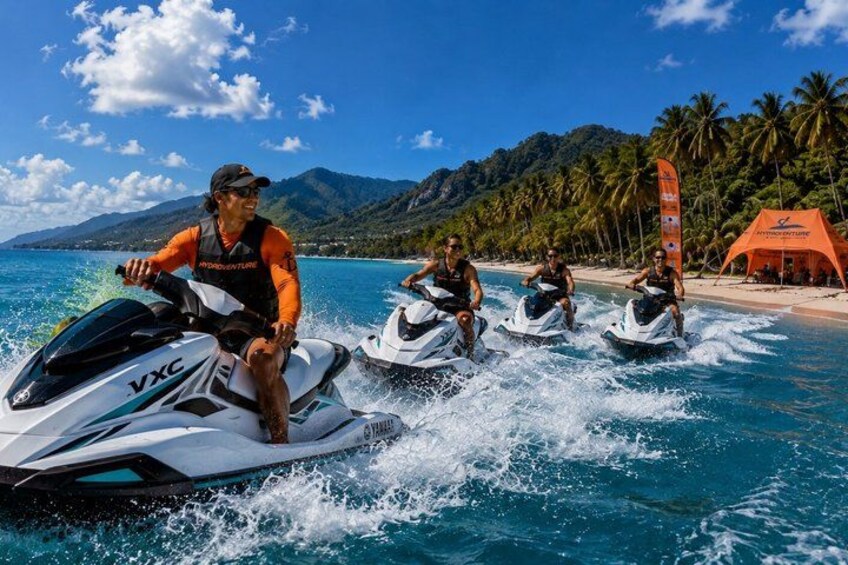Four people jet-skiing on a tropical beach with palm trees and mountains in the background. 1