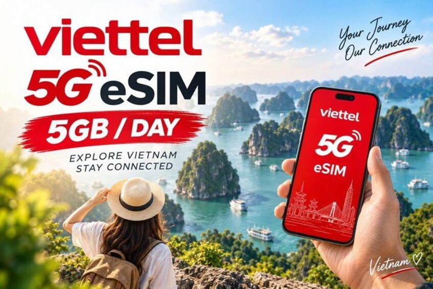 A smartphone with Viettel 5G eSIM logo, a woman in a hat, and a scenic view of Vietnam's coastline. 1