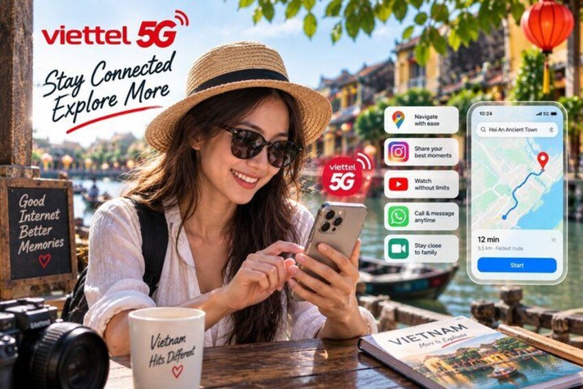 A person using a smartphone with a 5G network advertisement, a map application, and a book titled 'Vietnam Hits Different' on a table. 2