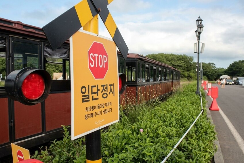 Ein Zug mit einem Stoppschild und einem Warnschild in koreanischer Schrift. 3