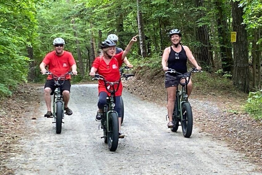 Three people riding bicycles on a forest path. 5