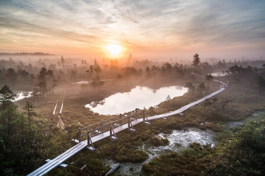 A sunrise over a marshy landscape with a wooden bridge and a winding road. 5