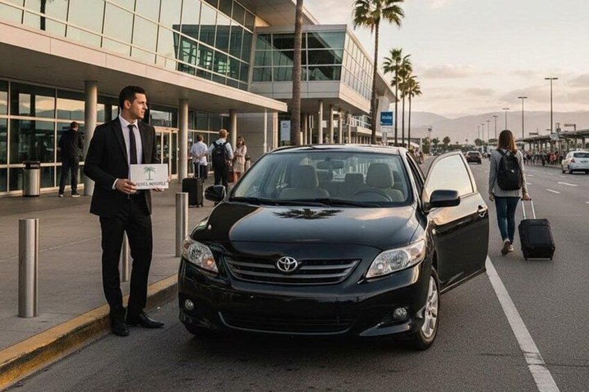 A black car parked on a street with a person holding a sign in front of a modern building. 2
