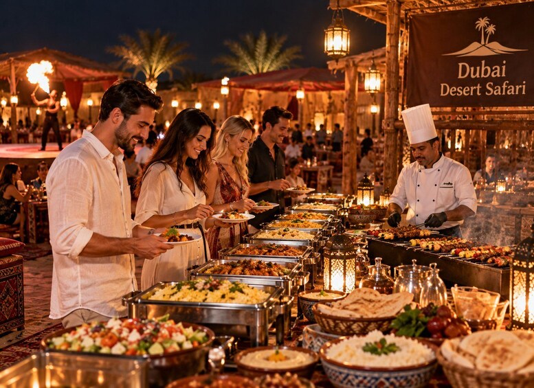 A buffet at Dubai Desert Safari with various dishes and a chef preparing food. 2