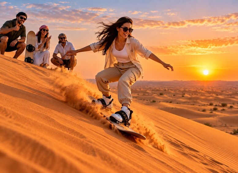 A person snowboarding down a sand dune with others watching. 5
