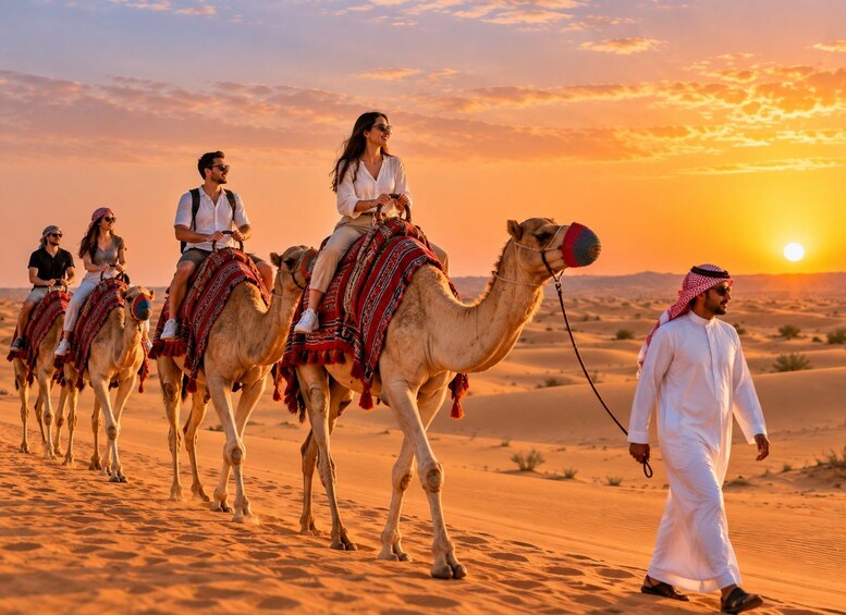 A group of people riding camels across a desert landscape during sunset. 1