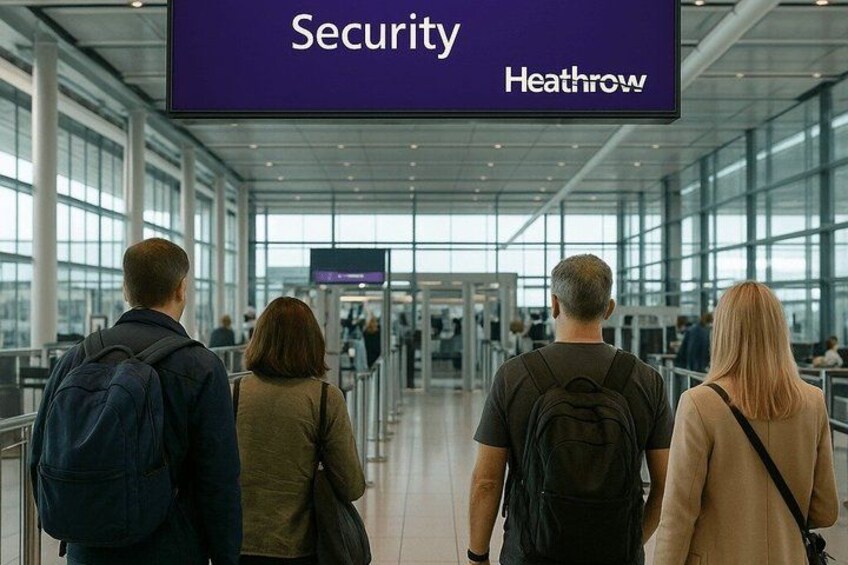A security checkpoint at Heathrow Airport with people standing in line. 5