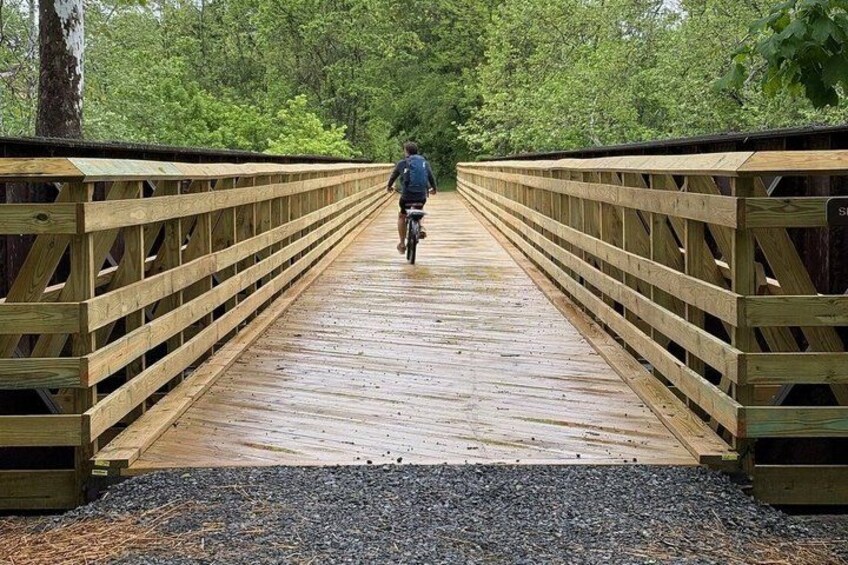 A wooden pedestrian bridge in a forest. 2
