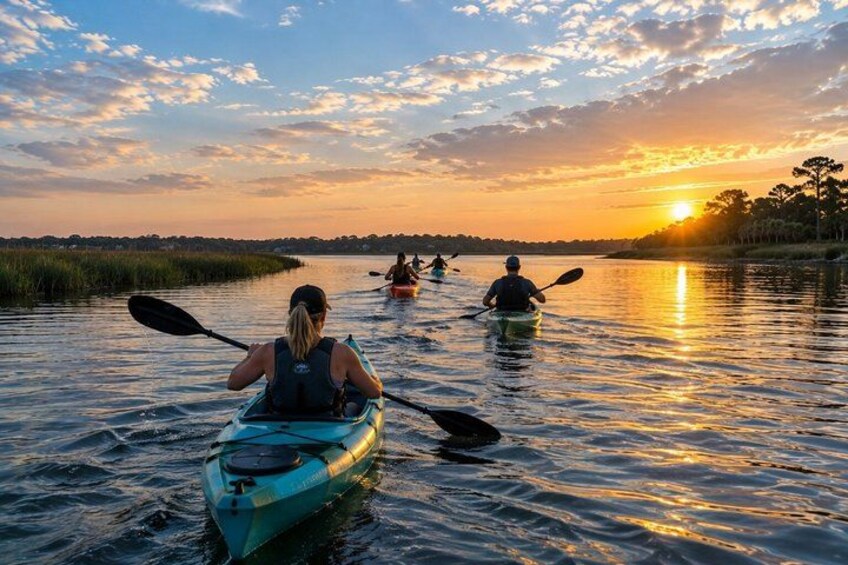 People kayaking on a calm river during sunset. 1