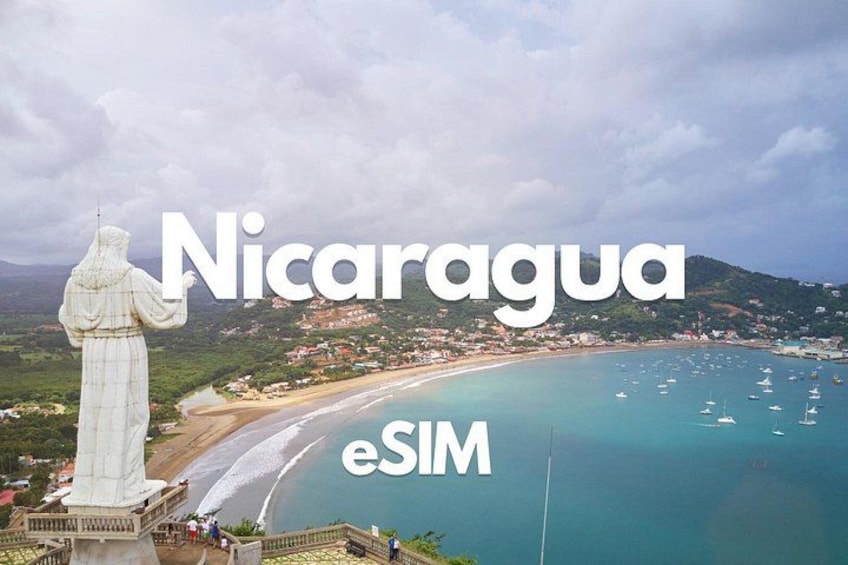 A statue overlooking a coastal town with clear skies and calm waters. 1