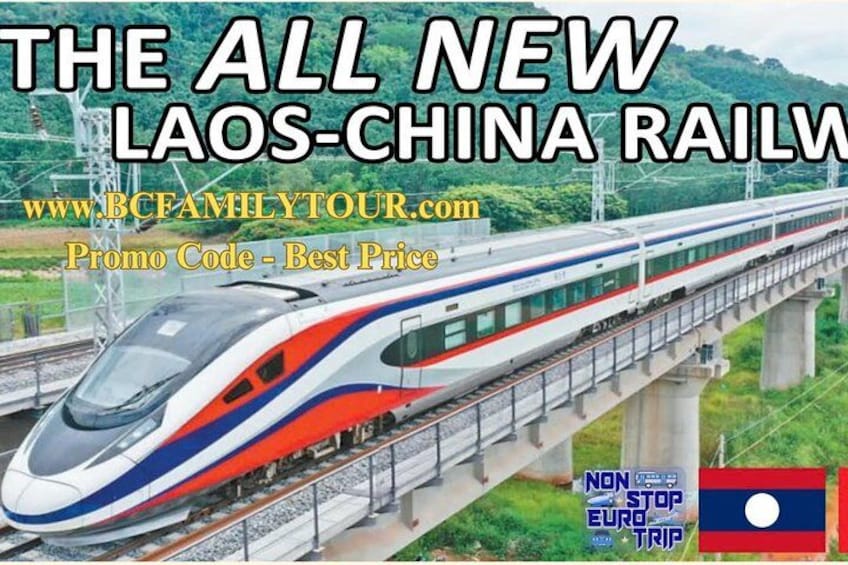 A high-speed train on a bridge with a mountainous landscape in the background. 1