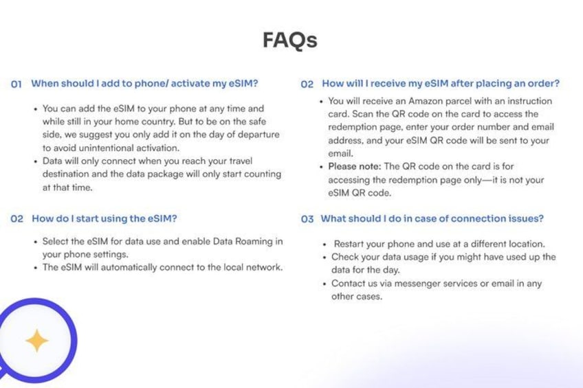 A list of FAQs about eSIM activation and usage. 3