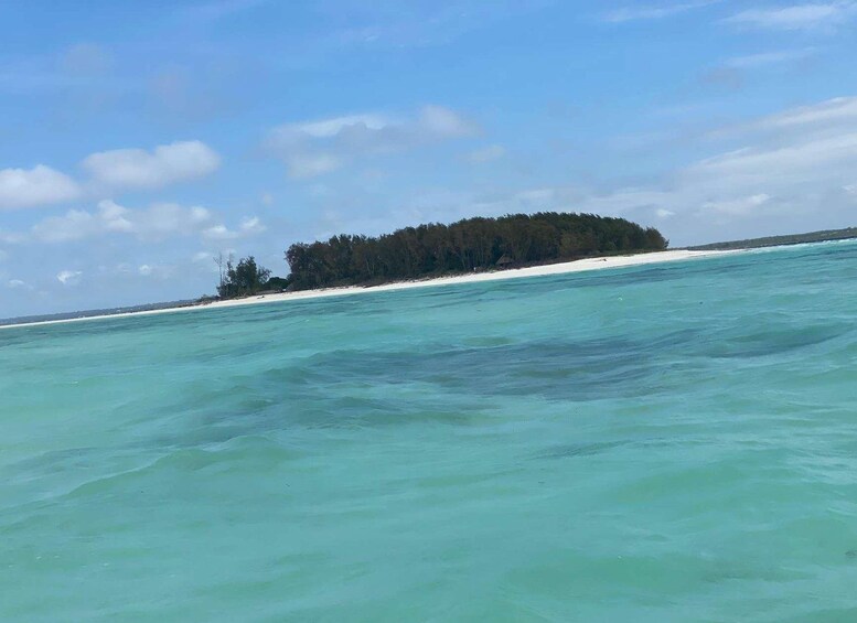 A beach with clear turquoise water and a small island with dense trees in the distance. 4