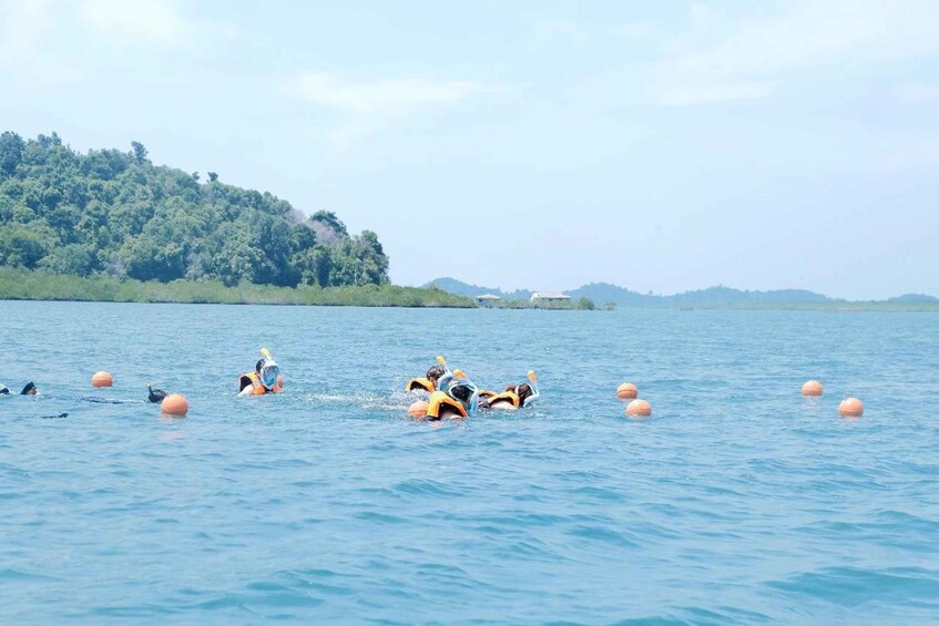 Un groupe de personnes nage dans un lac, des bouées flottant à proximité. 1