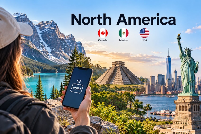 A person holding a smartphone with an eSIM logo, with a background of a mountainous landscape, a lake, and the Statue of Liberty. 1