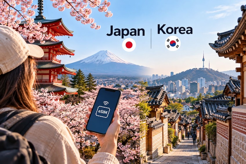 A person holding a smartphone with an eSIM logo, with cherry blossoms and traditional Korean architecture in the background. 1