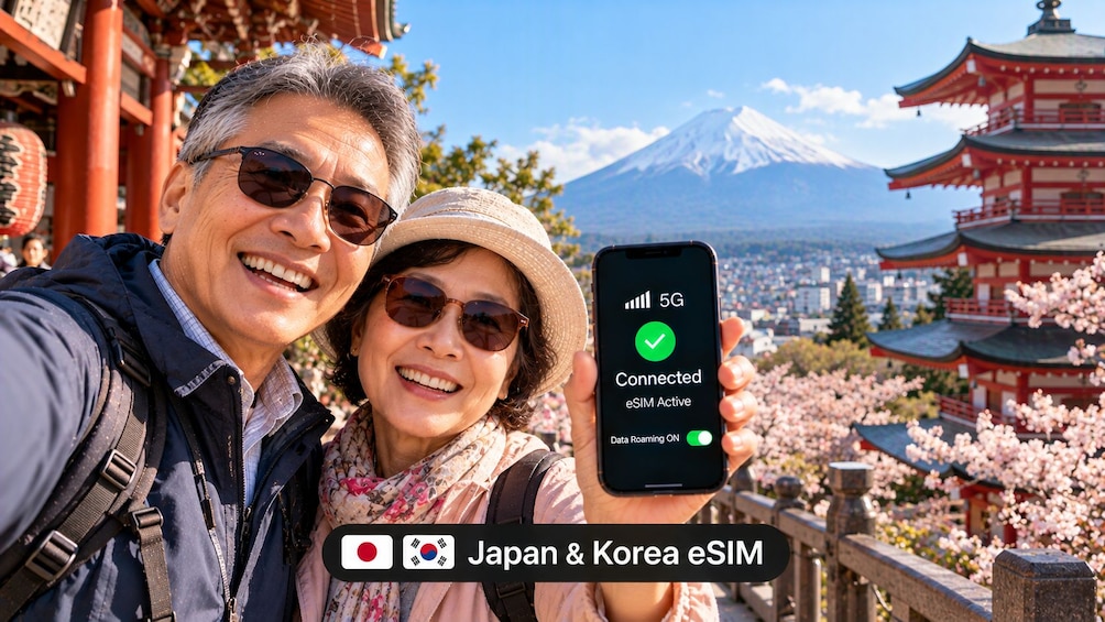 A person holding a smartphone displaying a 5G connection status in front of a traditional Japanese pagoda with cherry blossoms. 2