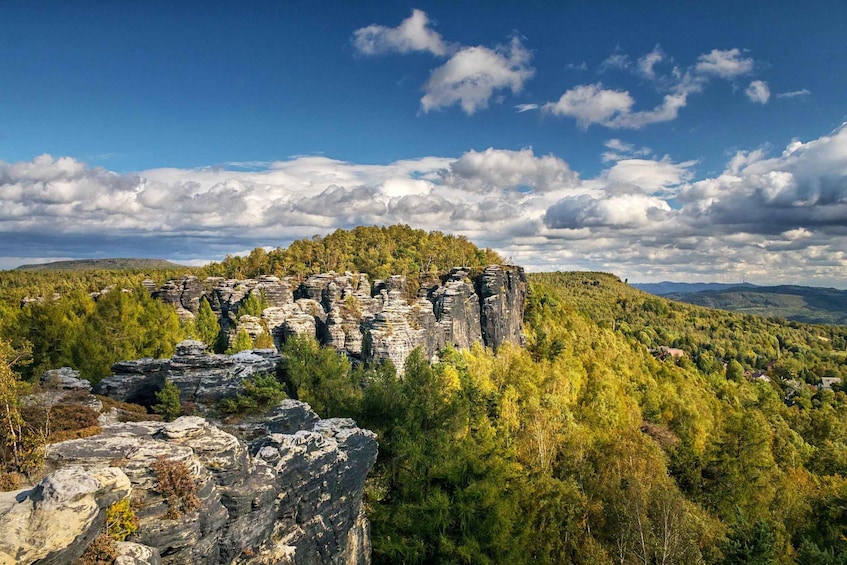 A rocky cliff with dense forest and a clear sky. 5