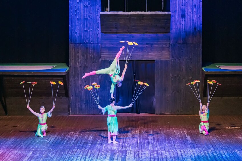 A circus performance with acrobats performing aerial stunts. 5