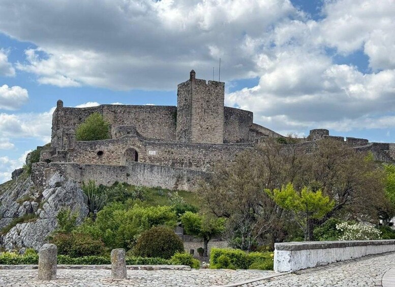 A historic stone castle with a prominent tower, surrounded by lush greenery and a clear sky. 2