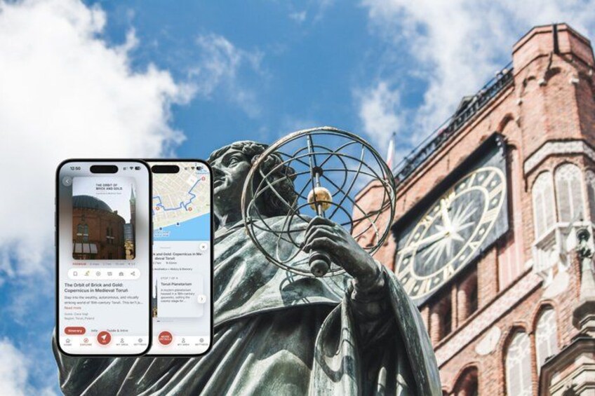 A statue with a globe, a smartphone displaying a map, and a clock tower in the background. 1