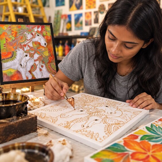 A person painting a detailed horse and rider design on a canvas. 1