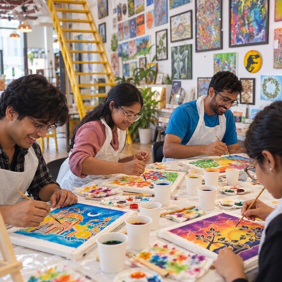 A group of people painting at a table with various art supplies and colorful paintings on the wall. 3
