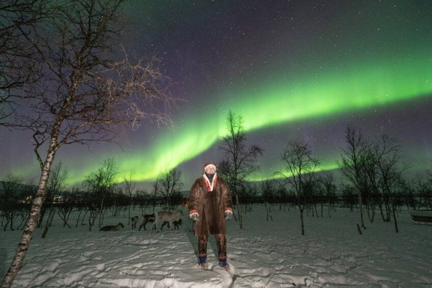 A person standing in a snowy landscape under a night sky with the aurora borealis. 3