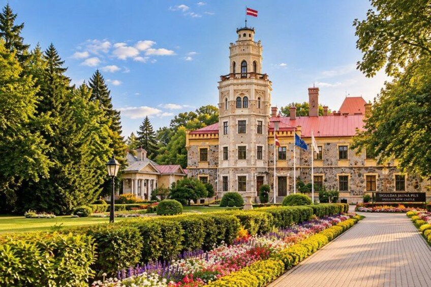 A historic building with a tower, surrounded by a well-maintained garden and a paved walkway. 1