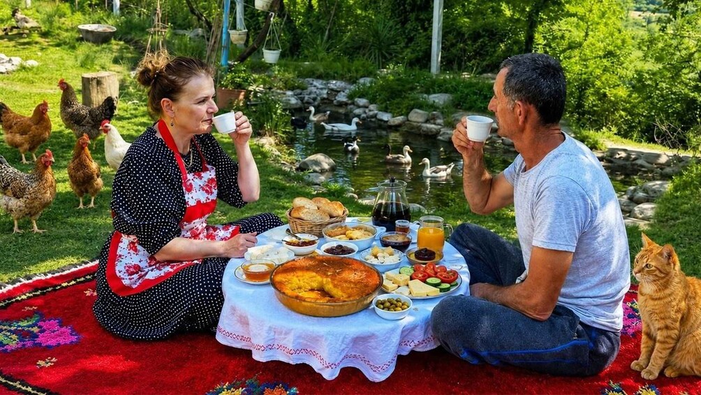 A picnic with a variety of foods, ducks in a pond, and a cat nearby. 1