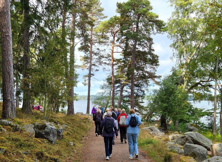 A group of hikers on a forest trail with a lake in the background. 1