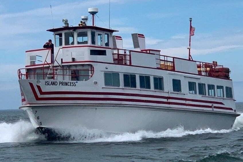 A white and red boat named 'Island Princess' on the water. 1