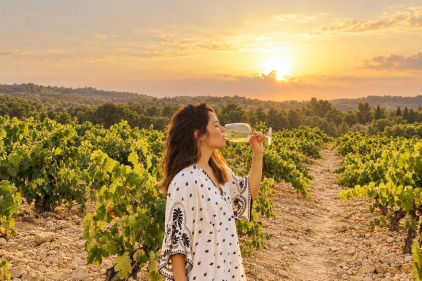 A person in a vineyard during sunset. 1