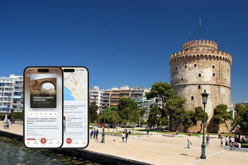A smartphone displaying a map with a historic tower in the background. 1