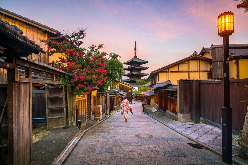 A traditional Japanese street with wooden buildings, a pagoda, and a person walking down the path. 5