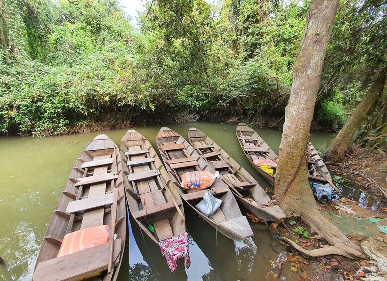 A row of wooden boats docked along a riverbank, surrounded by dense greenery. 3