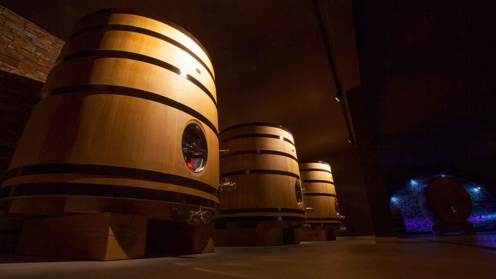 Wooden barrels in a dimly lit room with a brick wall and a blue-lit archway in the background. 1