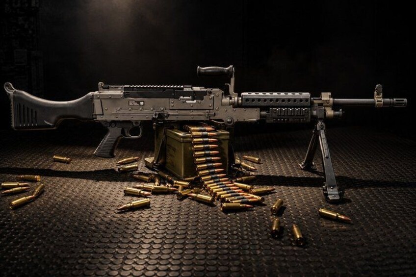 A rifle with a magazine and bullets on a textured surface. 5